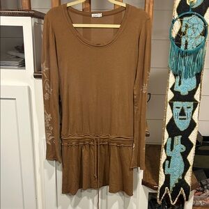 Women's Midi Drawstring Waist Long Sleeve Dress - Brown